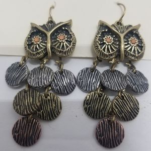 Owl Earrings Vintage Tri Color 2½" long